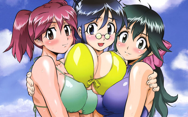 Three Girls in Swimsuits — Blue, Cheerful, Afternoon, Anime