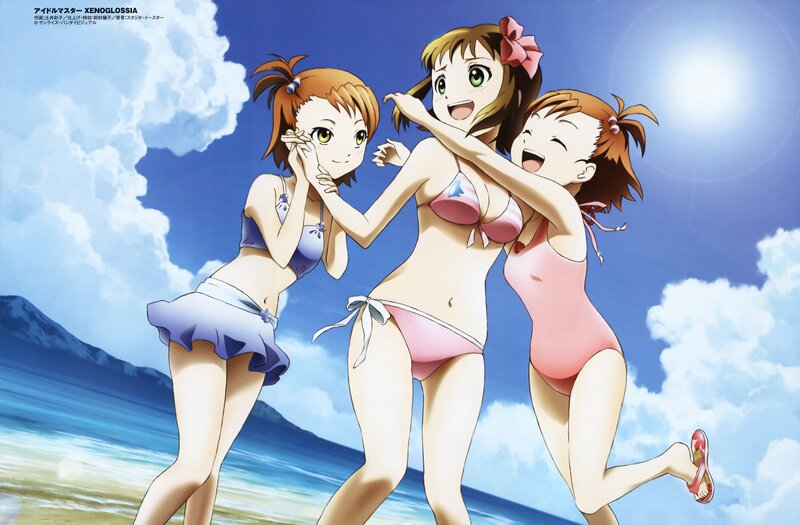 Three Girls in Swimsuits — Blue, Happy, Afternoon, Anime