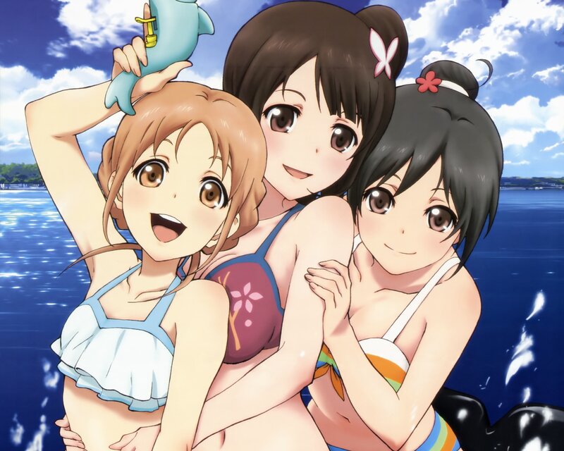 Three Girls in Swimsuits — Blue, Happy, Summer, Anime