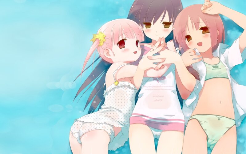 Three Girls in Swimsuits — Blue, Playful, Summer, Anime, Hair Accessories
