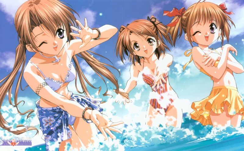 Three Girls in Swimsuits — Blue, Playful, Summer, Anime, Ocean