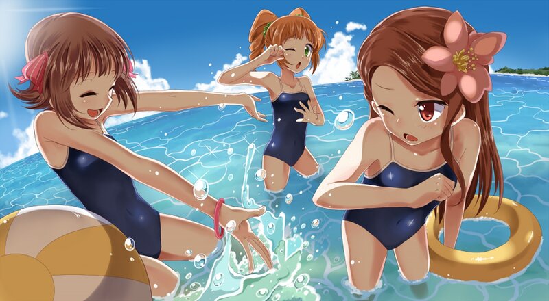Three Girls in Swimsuits — Blue, Playful, Summer, Anime, Swimsuit, Inflatable Ring