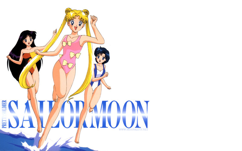Three Girls in Swimsuits — Blue, Playful, Summer