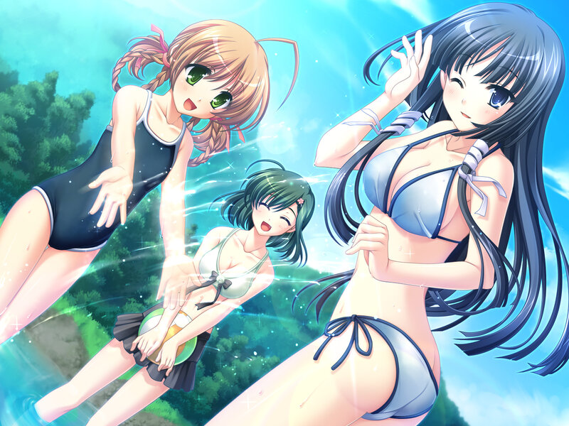 Three Girls in Swimsuits — Blue, Playful