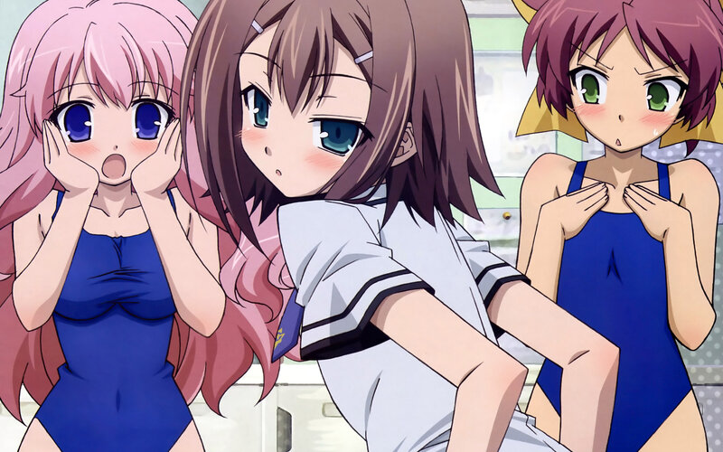 Three Girls in Swimsuits — Blue, Surprised