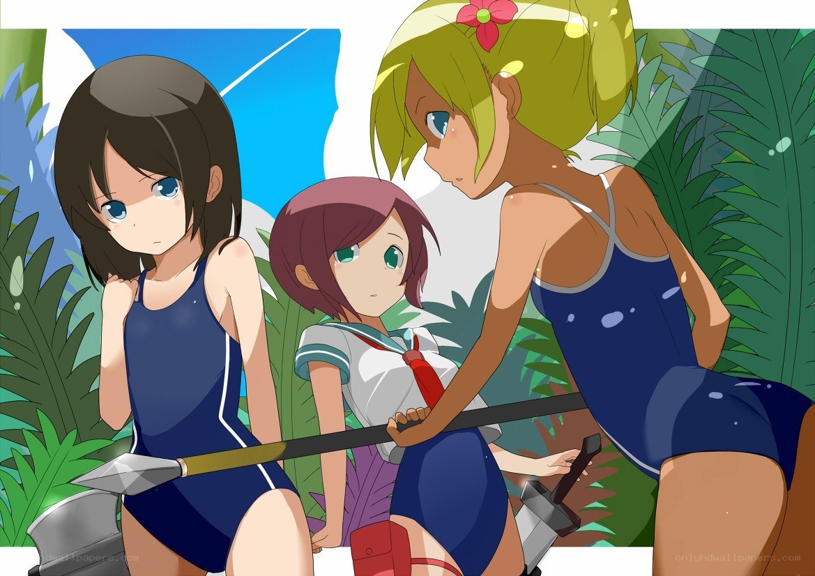 Three girls in swimsuits with weapons