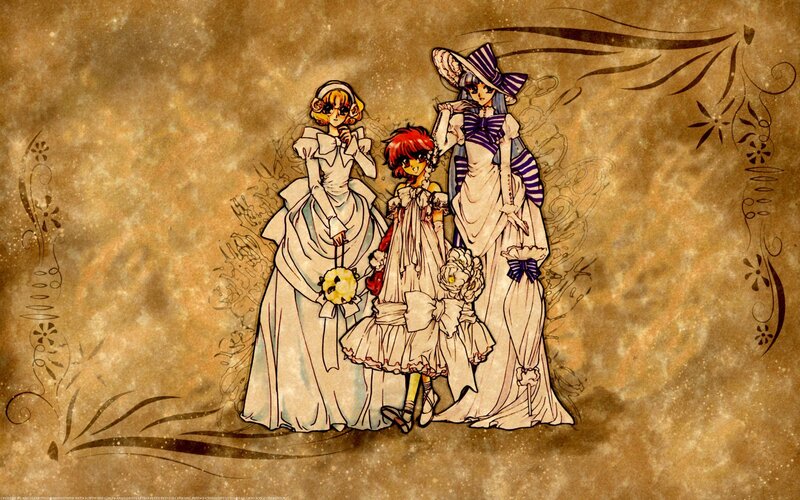 three girls in vintage dresses