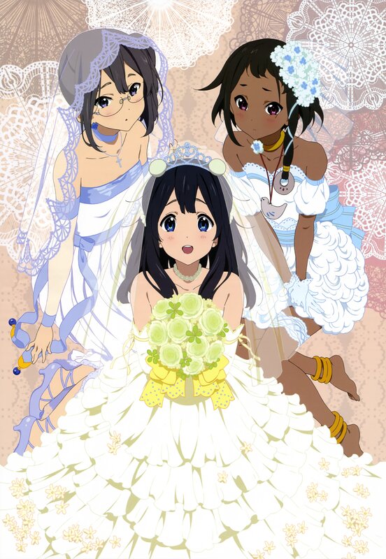 Three girls in wedding dresses