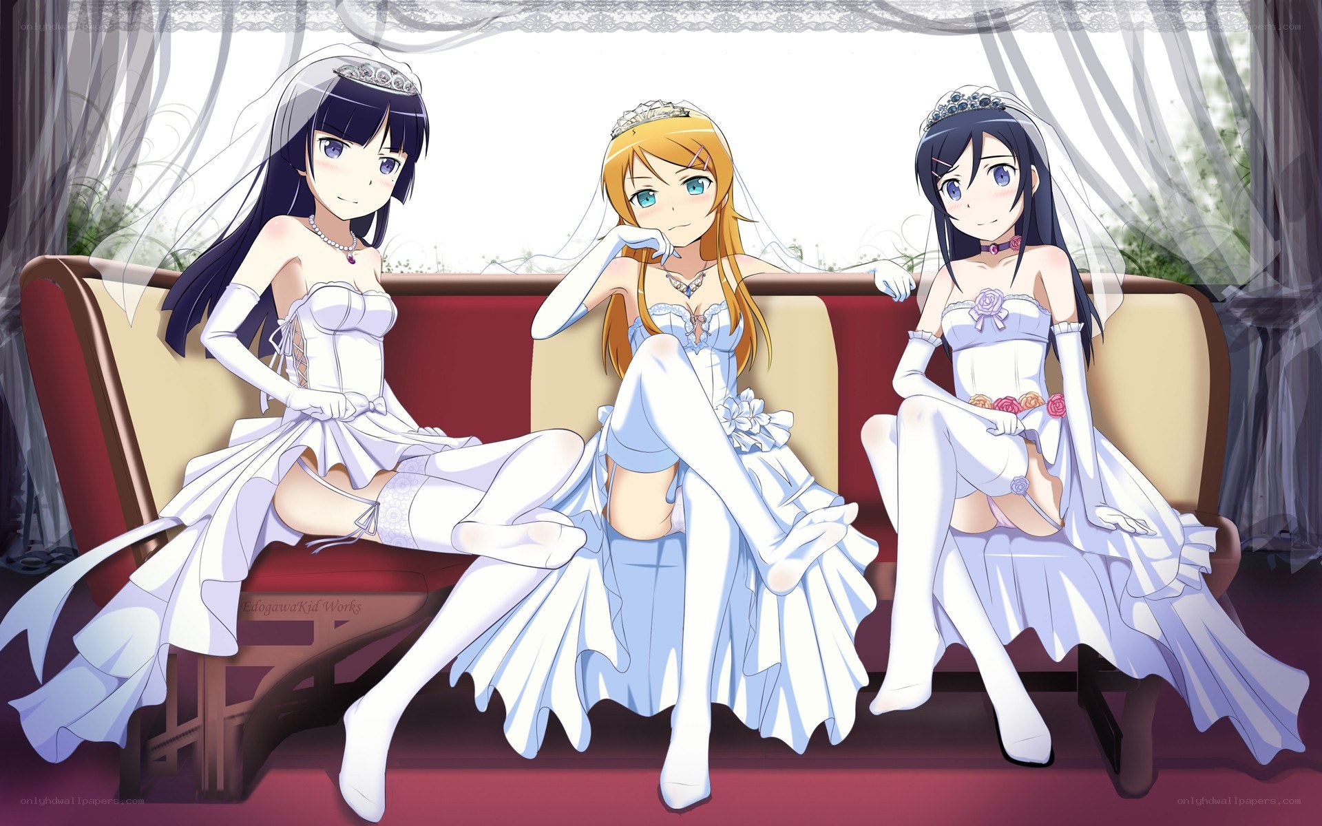 Three girls in wedding dresses