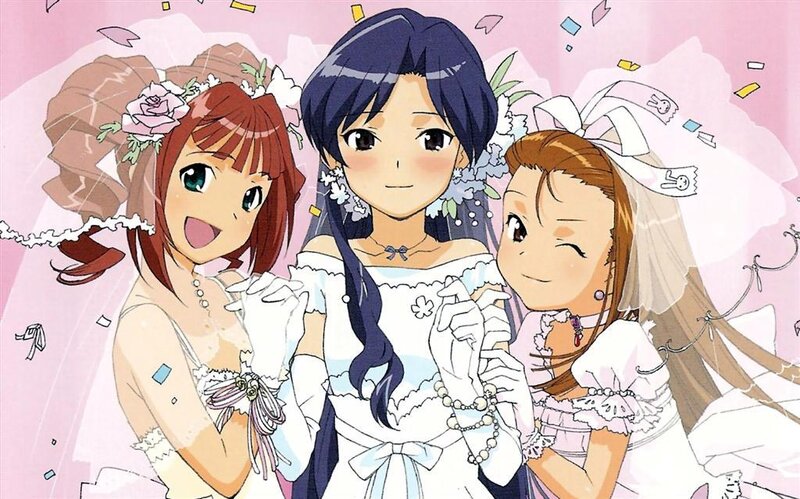 Three girls in wedding dresses