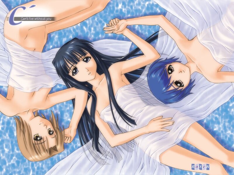 Three girls in white dresses by water