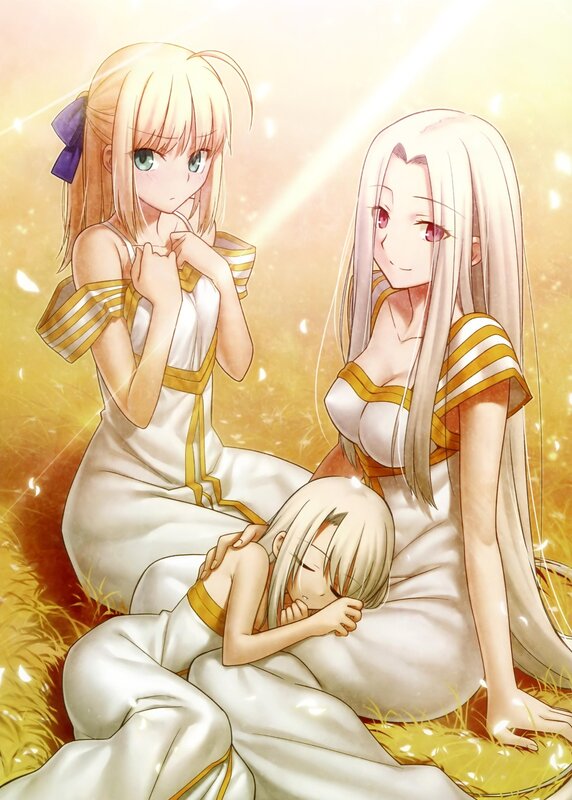 Three Girls in White Dresses — Serene, Afternoon, Anime, Grass, Sunlight