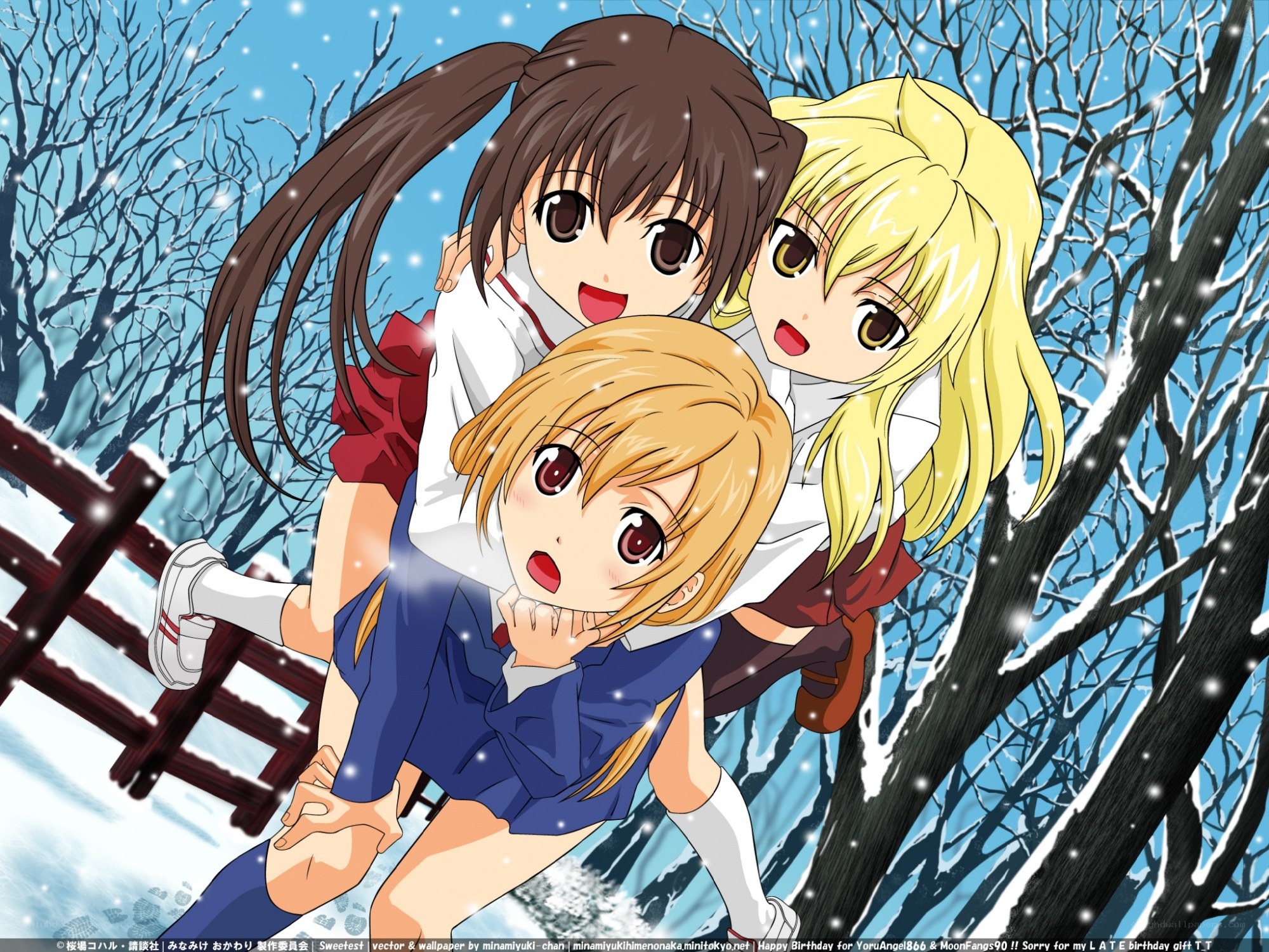 Three girls in winter scene