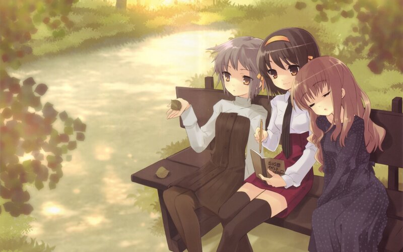 Three Girls on a Bench — Green, Serene