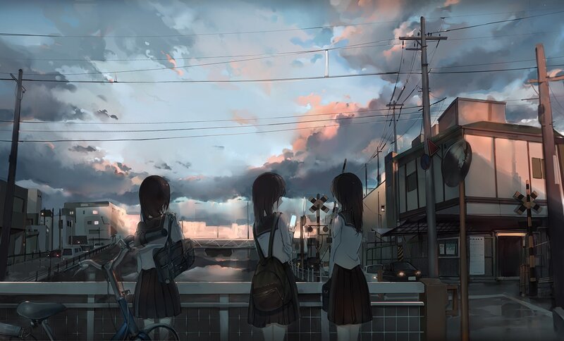 Three Girls on a Bridge — Blue, Dramatic