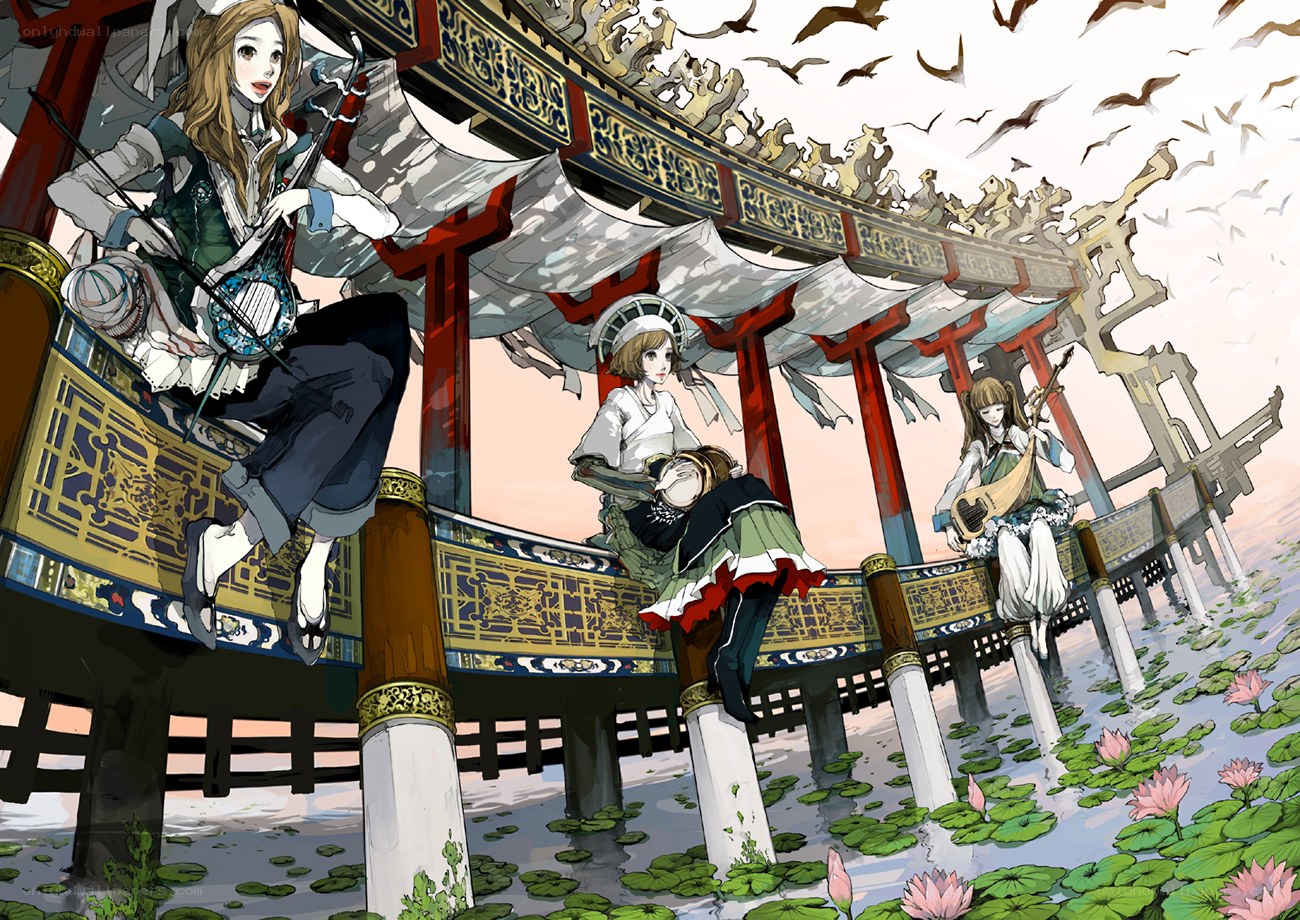 Three girls on a pavilion
