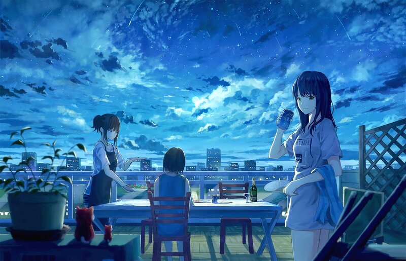 Three Girls on Balcony — Blue, Serene