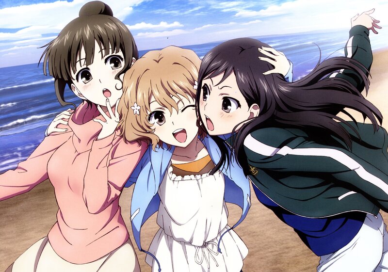 Three Girls on Beach — Blue, Cheerful, Afternoon, Anime, Ocean