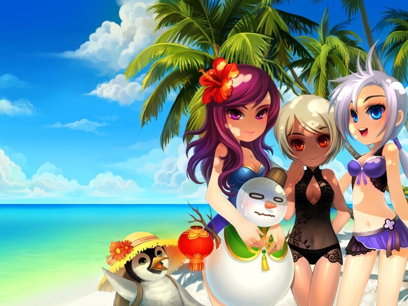Three Girls on Beach — Blue, Cheerful, Afternoon, Anime, Penguin
