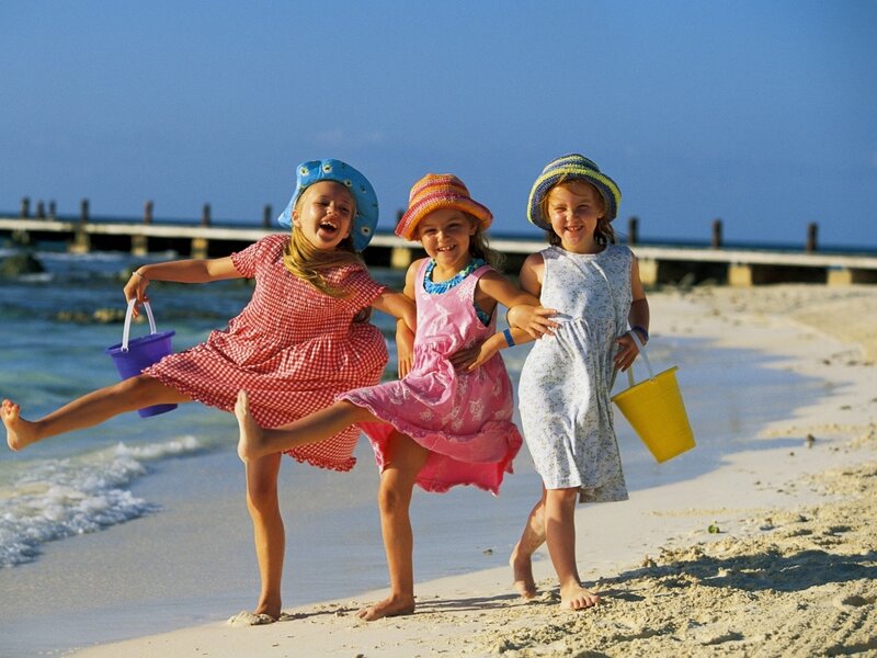 Three Girls on Beach — Blue, Playful, Afternoon, Photograph