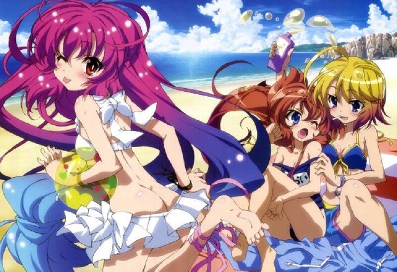 Three Girls on Beach — Blue, Playful, Afternoon