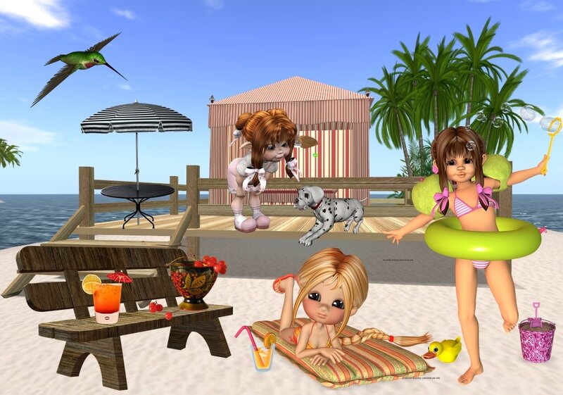 Three Girls on Beach — Blue, Playful