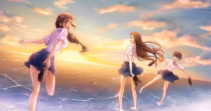 Three Girls on Beach — Blue, Serene