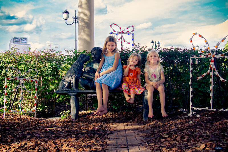 Three Girls on Bench — Blue