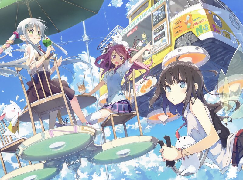 Three Girls on Floating Platforms