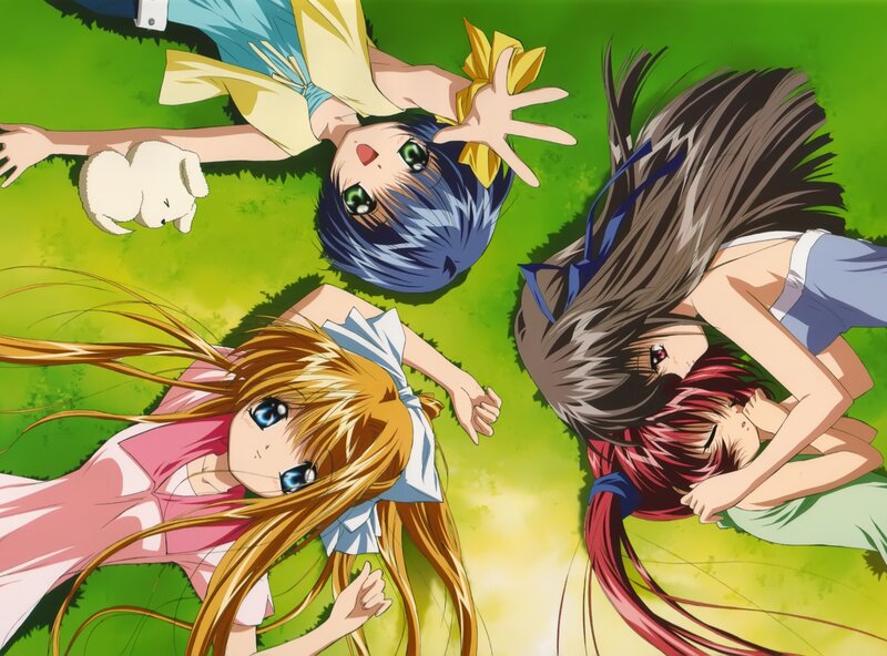 Three Girls on Grass — Green, Peaceful, Afternoon, Anime, Dog