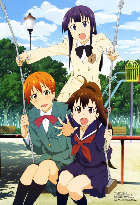 Three girls on swings in a park