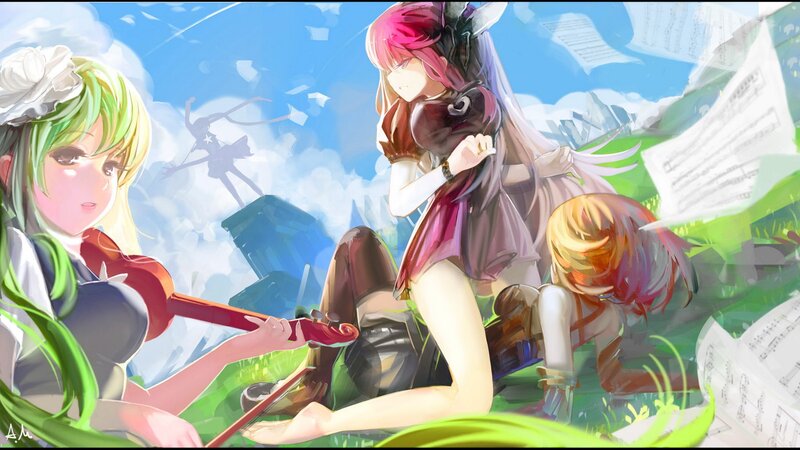 Three girls playing music in a field