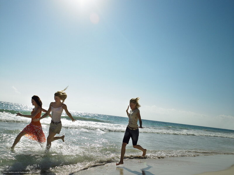 Three Girls Running on Beach — Blue