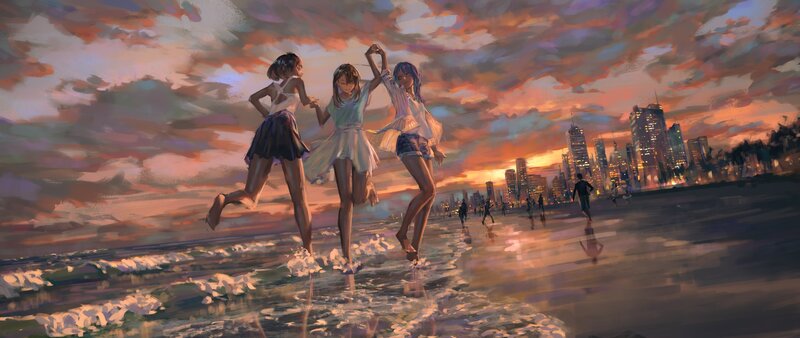 Three Girls Running on Beach — Orange