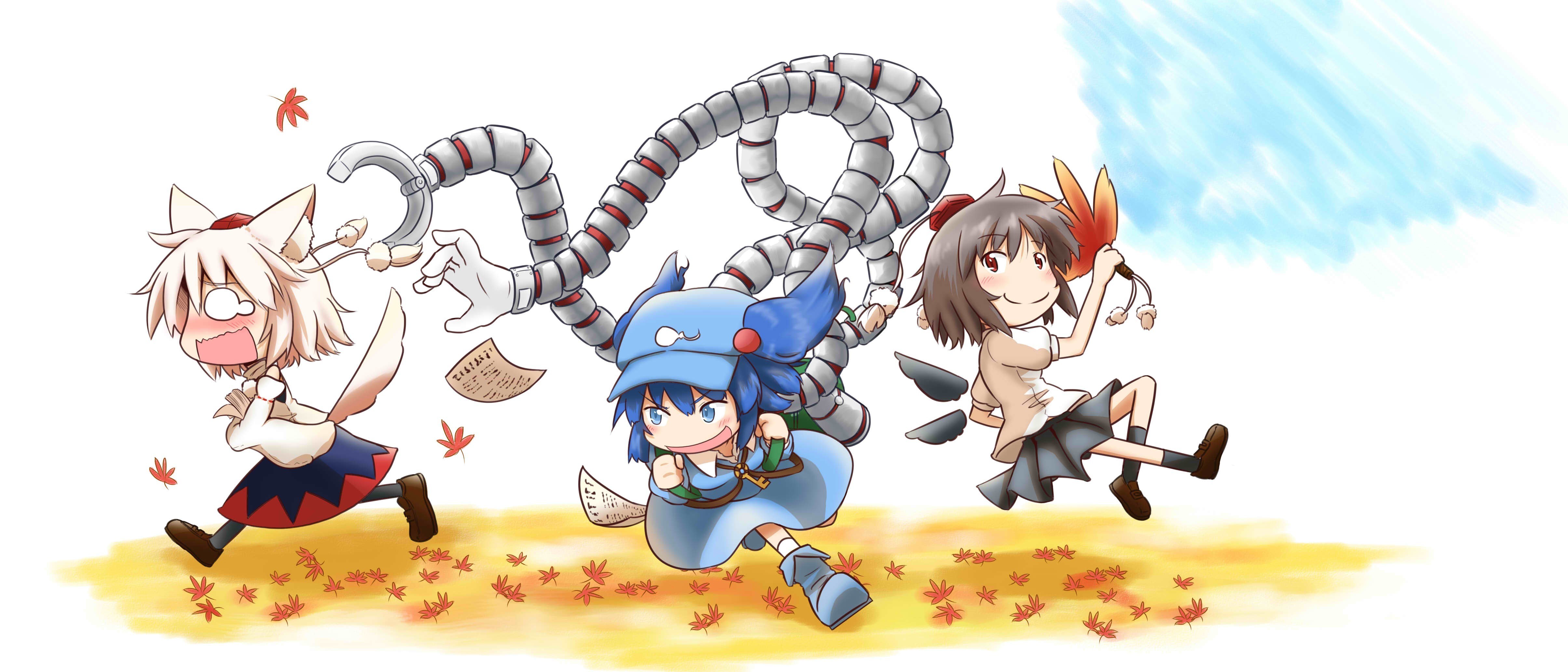Three girls running with a robot arm