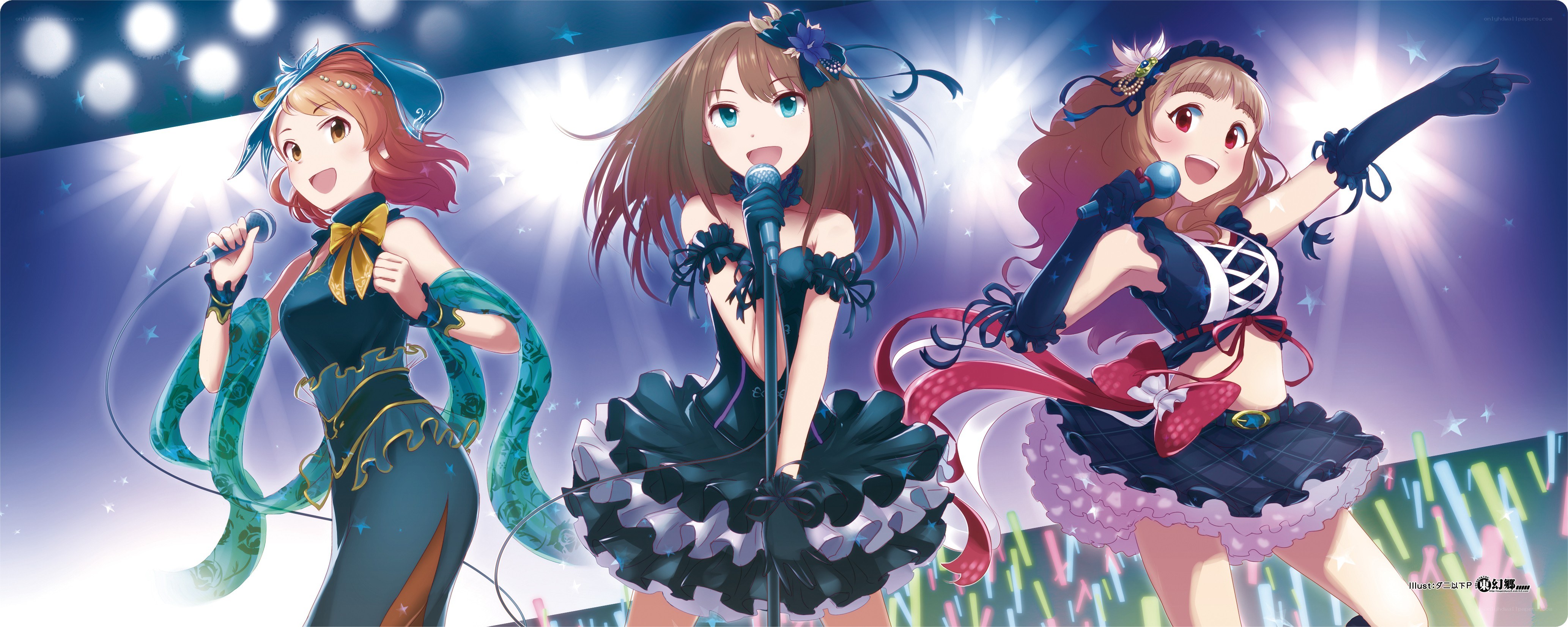 Three girls singing on stage