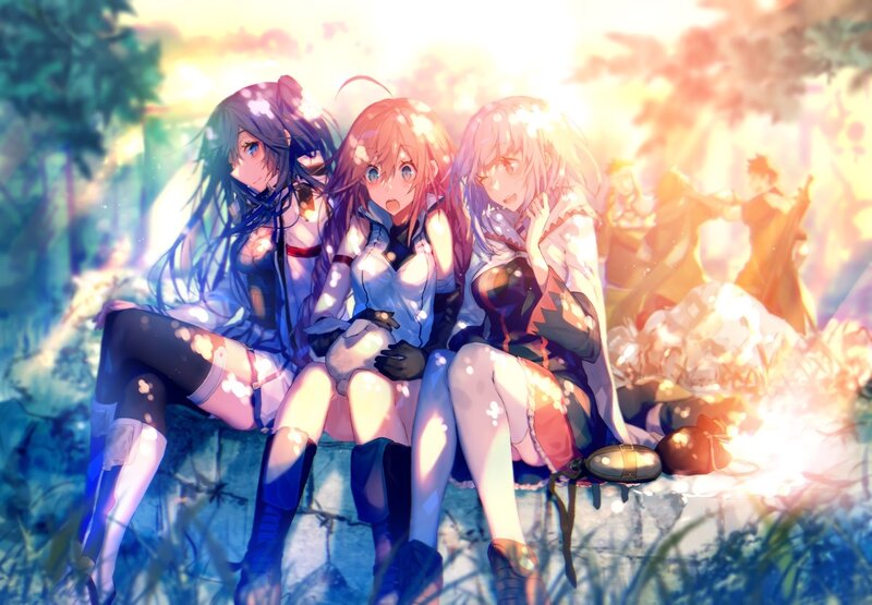 Three Girls Sitting Together — Blue