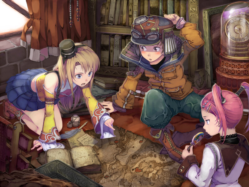 Three girls studying a map