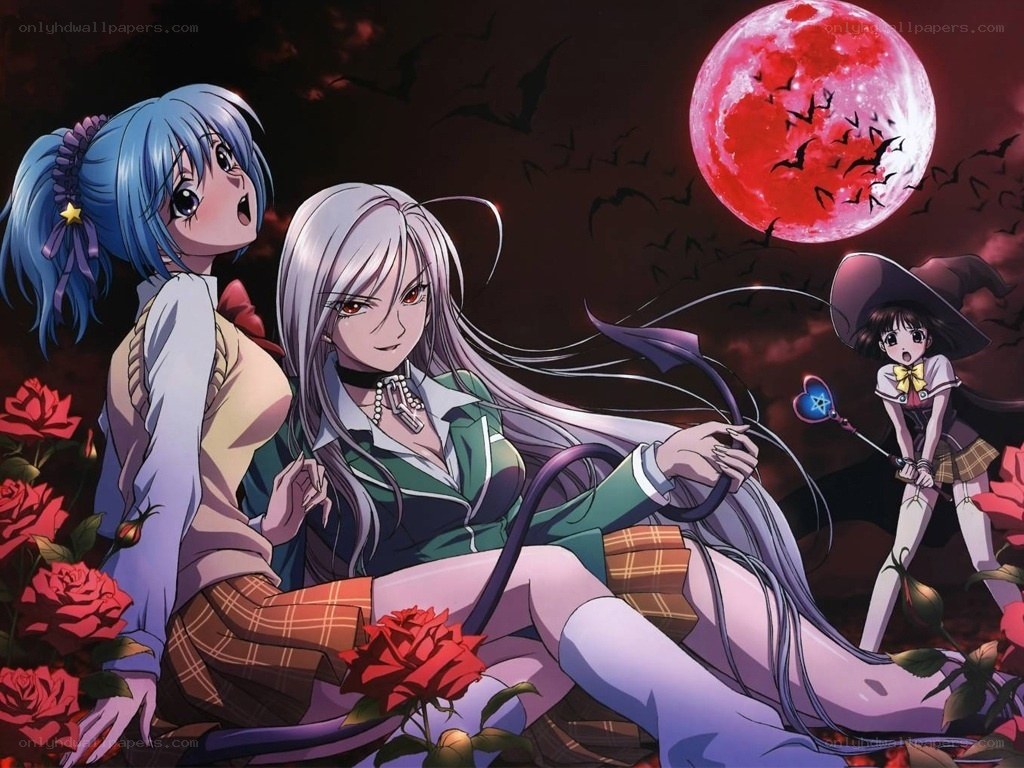 Three girls under a red moon