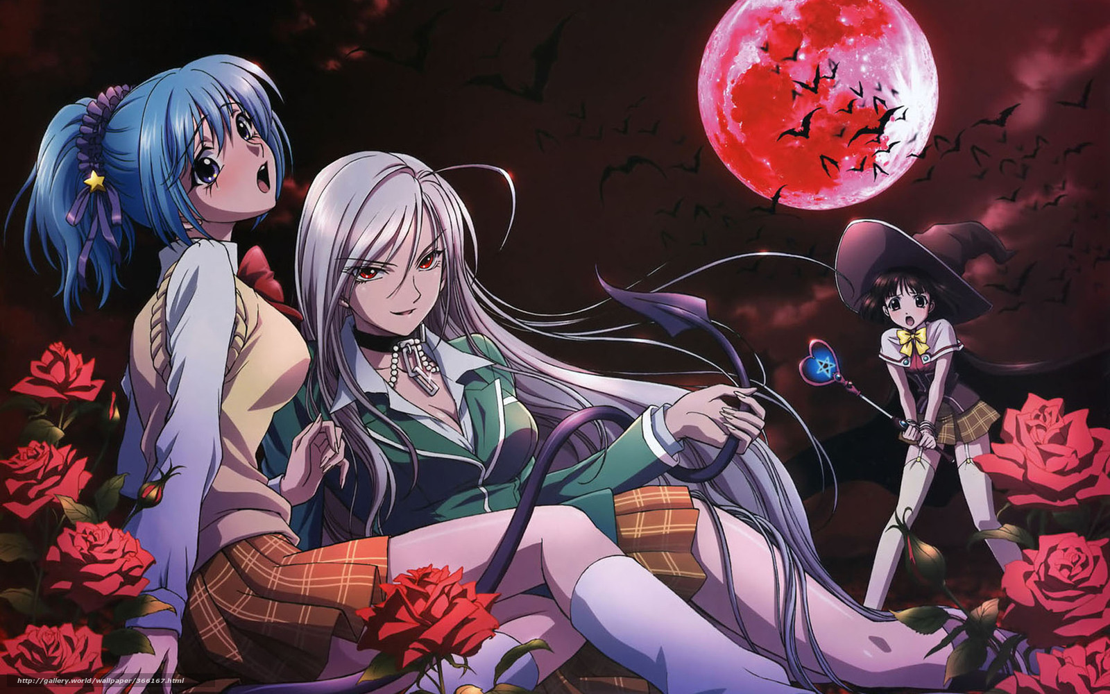 Three girls under a red moon