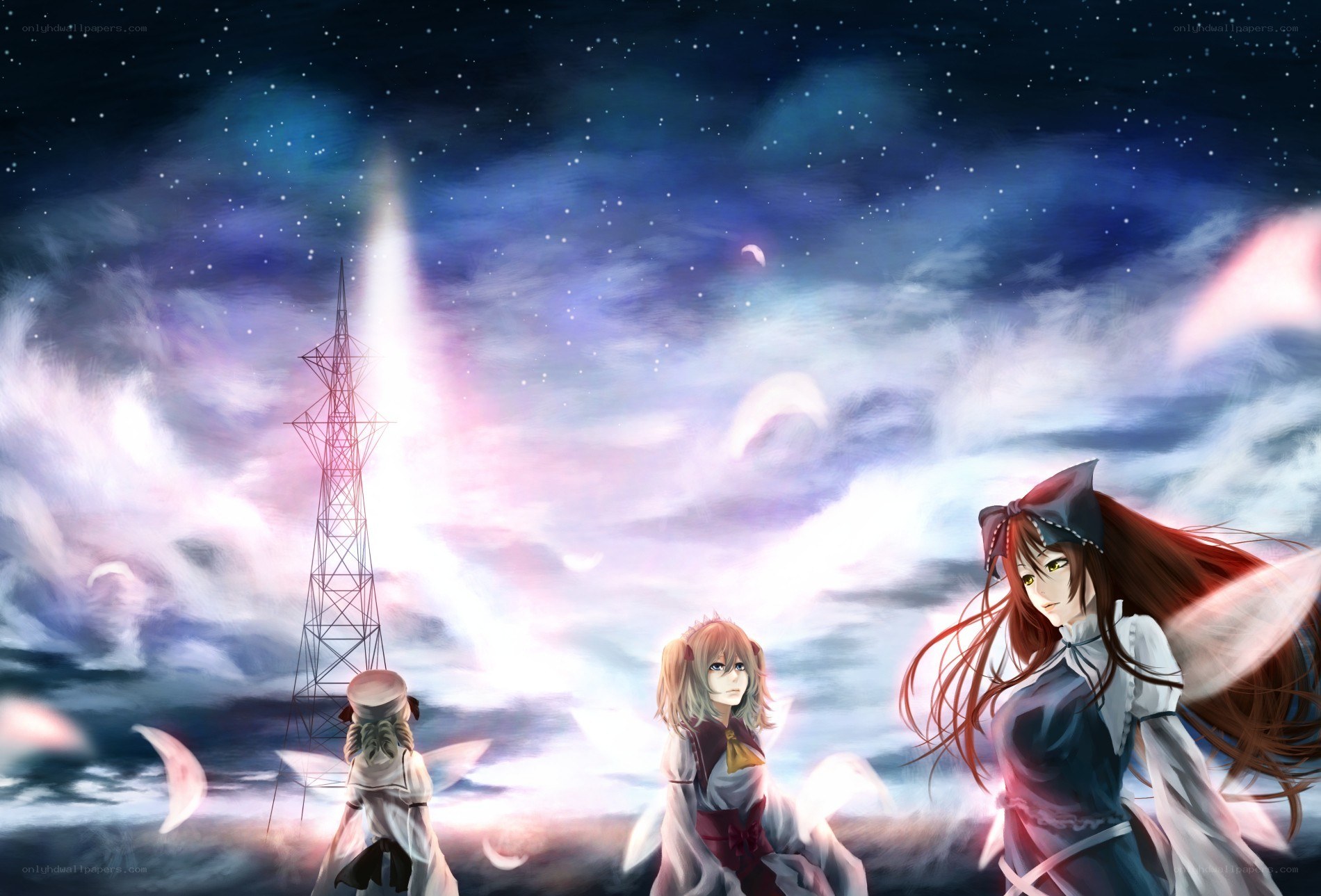 Three girls under a starry sky