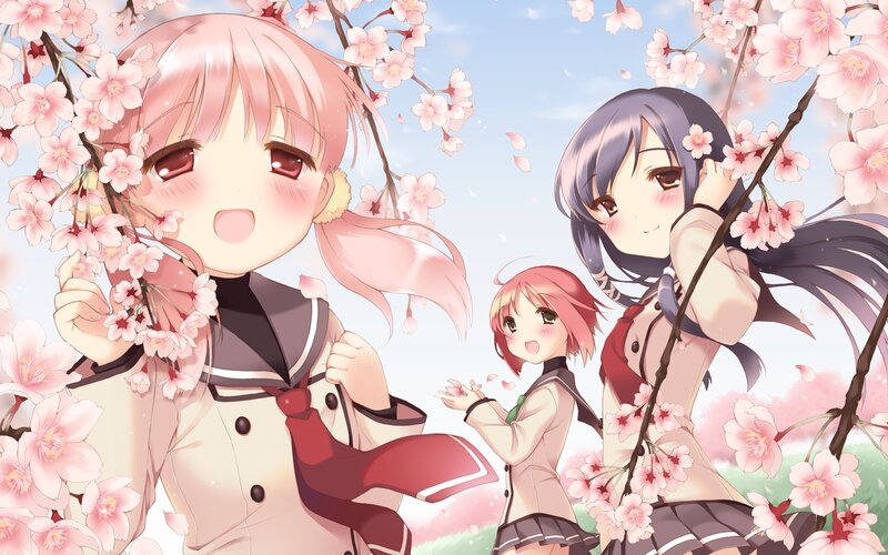 Three Girls under Cherry Blossoms — Pink, Serene, Spring