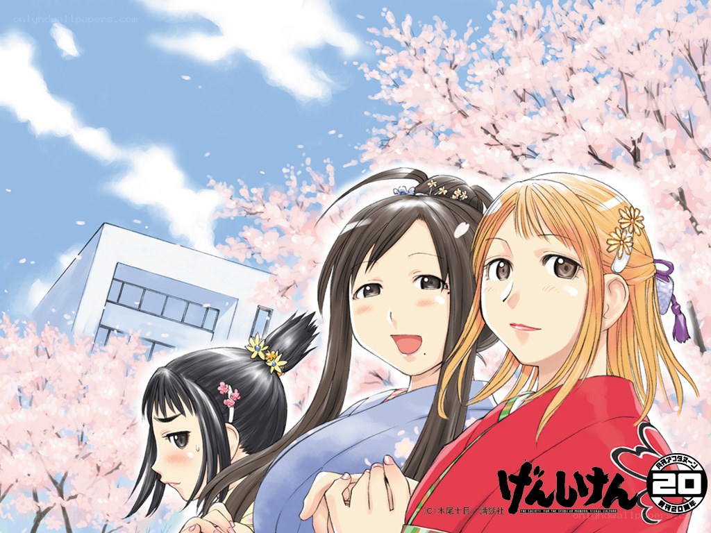 Three girls under cherry blossoms