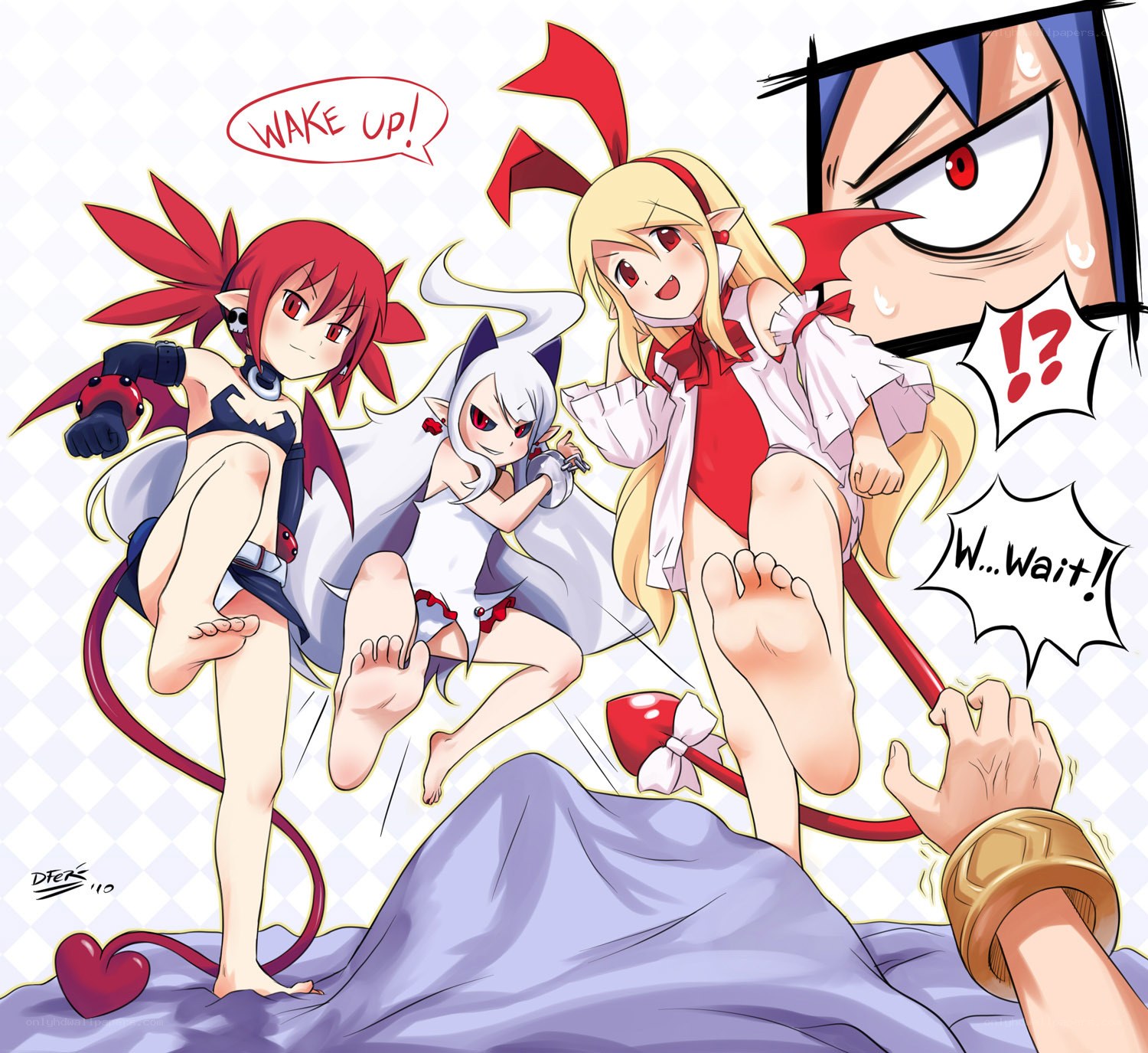 Three girls waking someone up