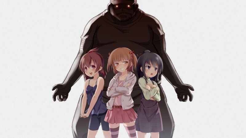 Three girls with a giant figure