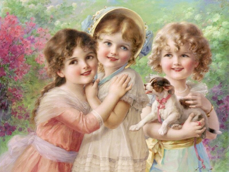 Three girls with a puppy