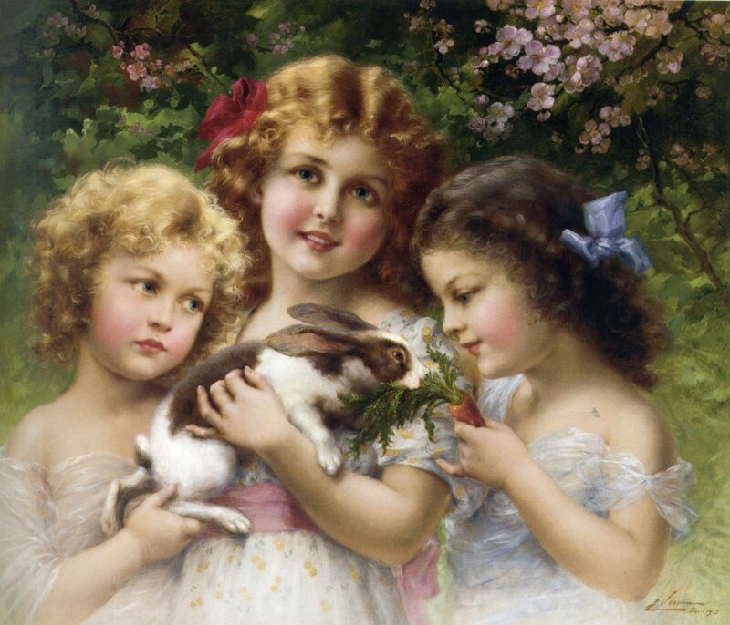 Three Girls with a Rabbit — White