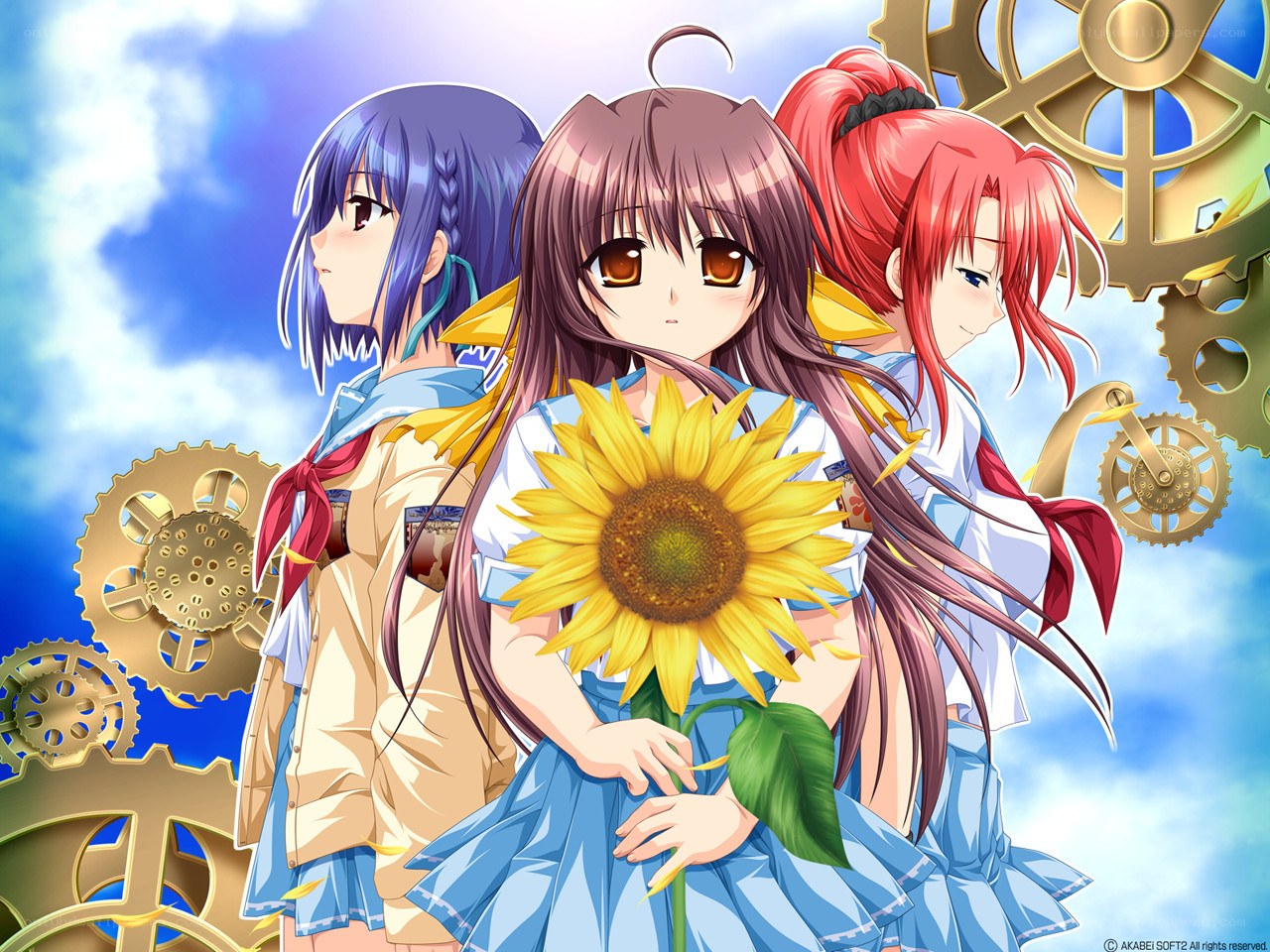 Three girls with a sunflower