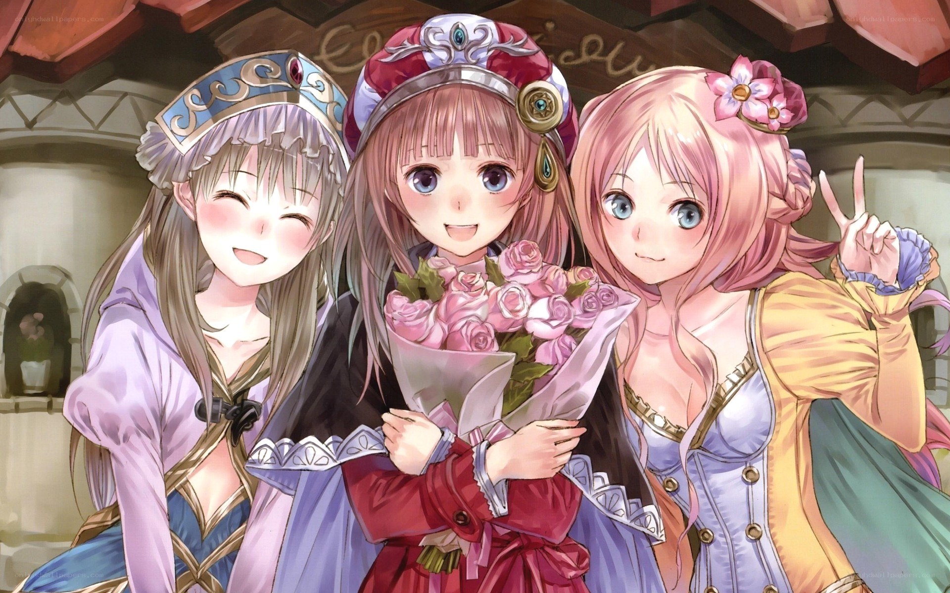 Three girls with flowers