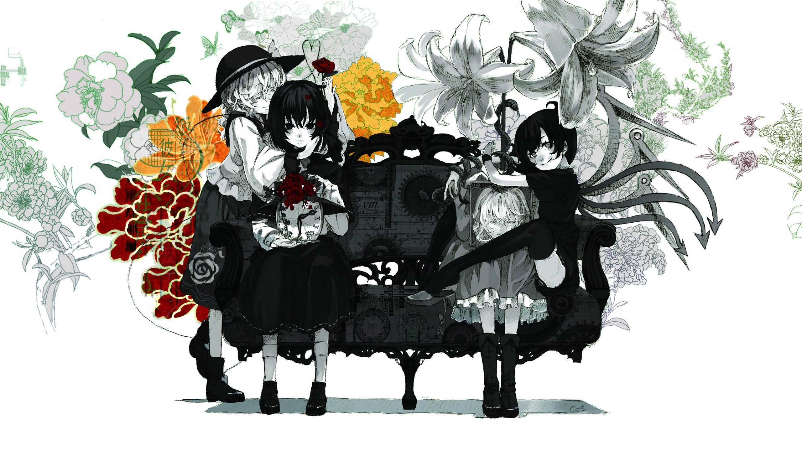 Three girls with flowers and a bench